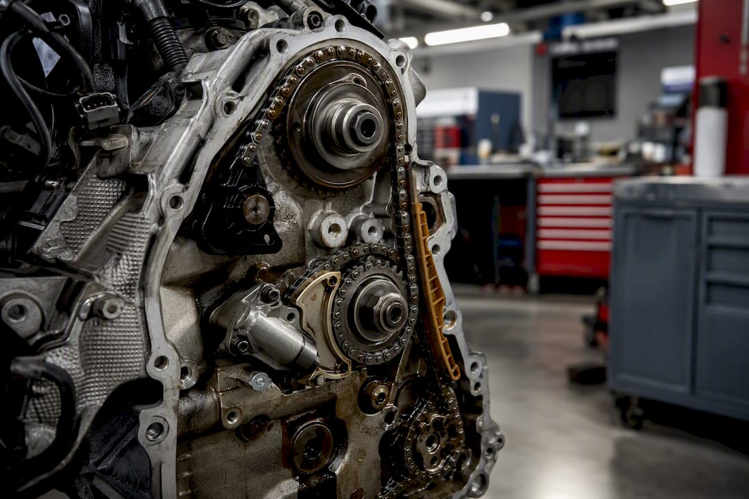 Close-up of Volkswagen timing chain and tensioner