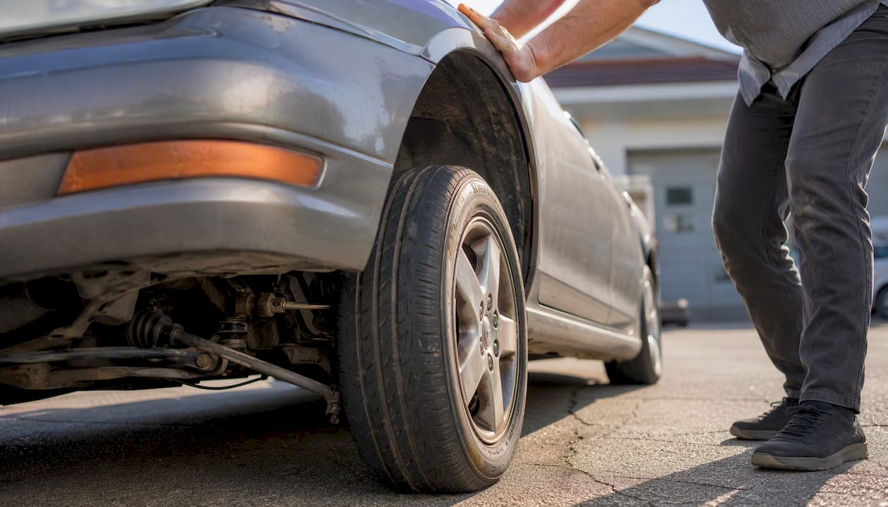 Hand bouncing car front end to check suspension