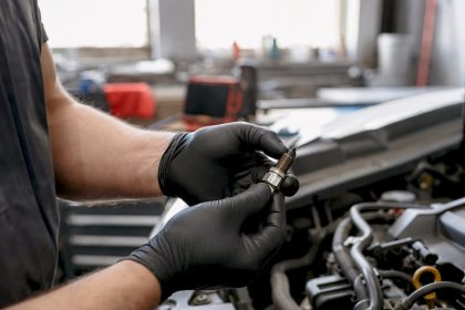 Mechanic inspecting worn spark plug in engine bay