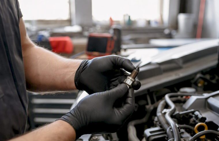 Mechanic inspecting worn spark plug in engine bay