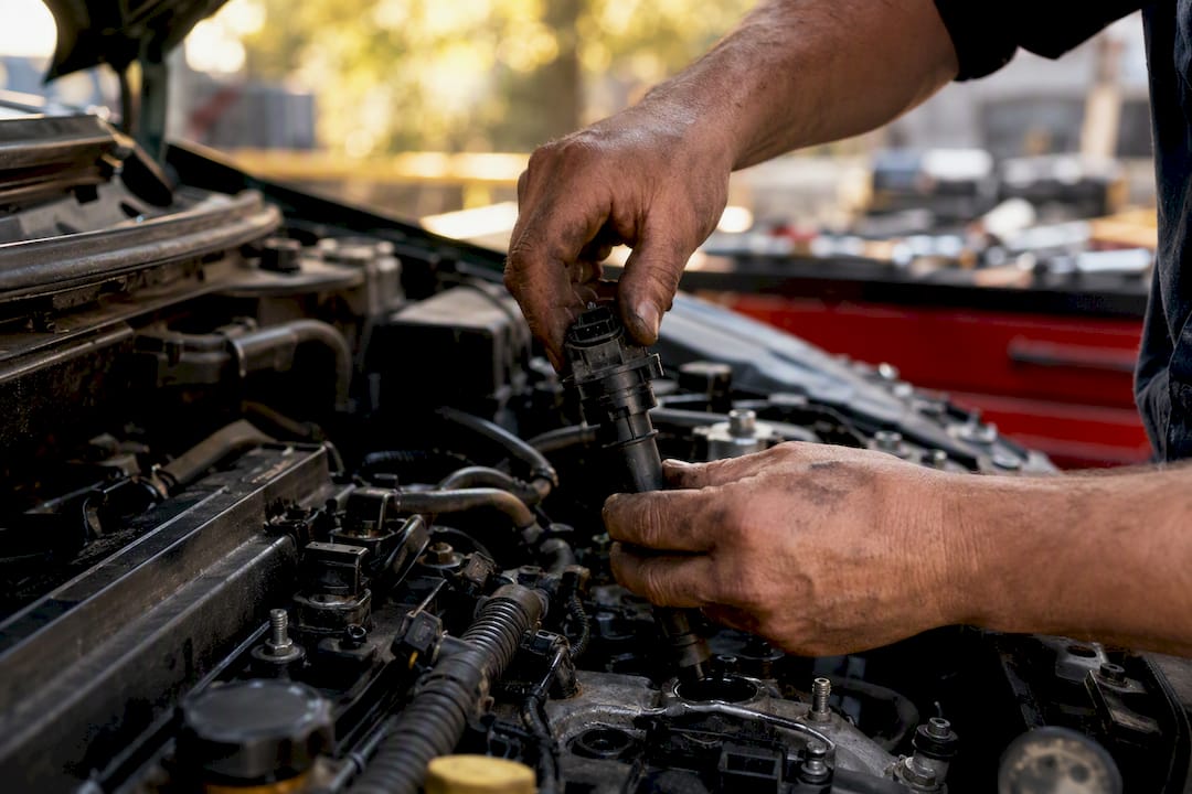 Mechanic's hands replacing ignition coil in engine
