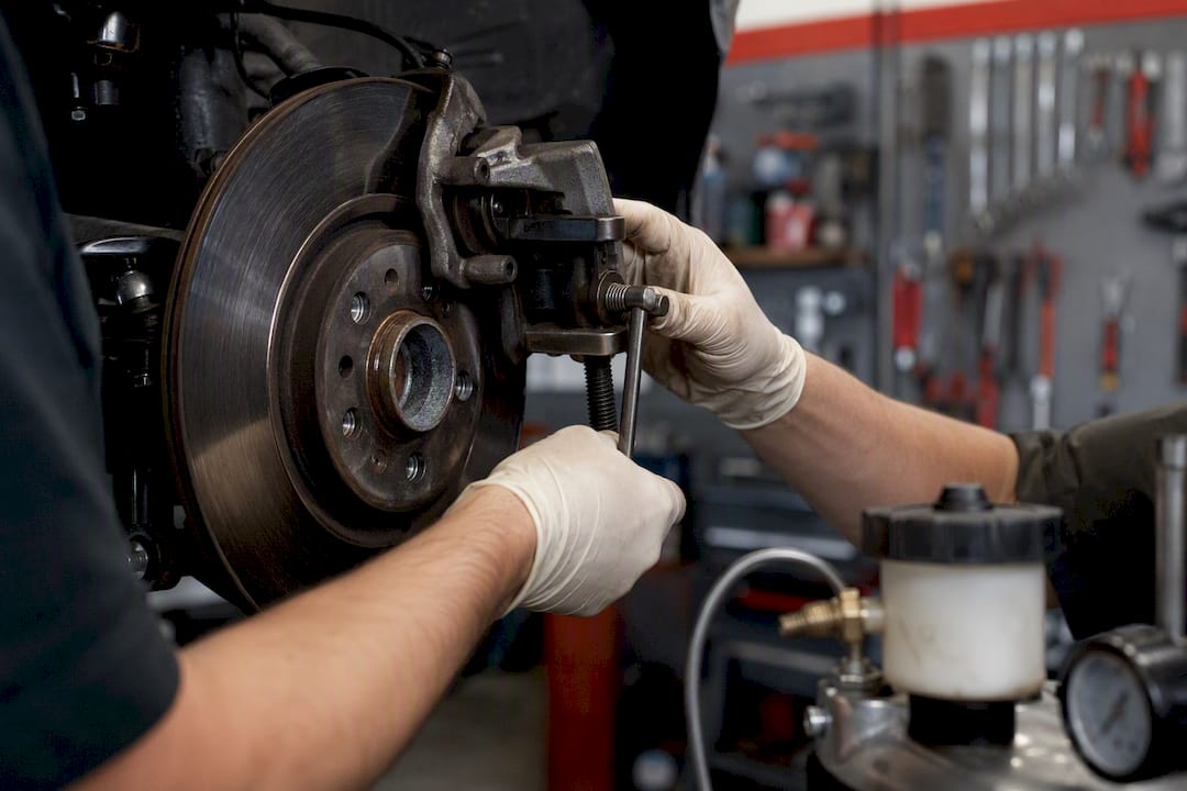 Mechanic pressing brake caliper piston manually