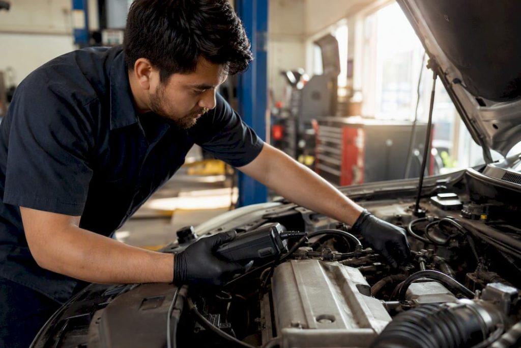 Mechanic connecting diagnostic scanner to engine