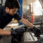 Mechanic connecting diagnostic scanner to engine