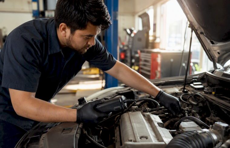 Mechanic connecting diagnostic scanner to engine