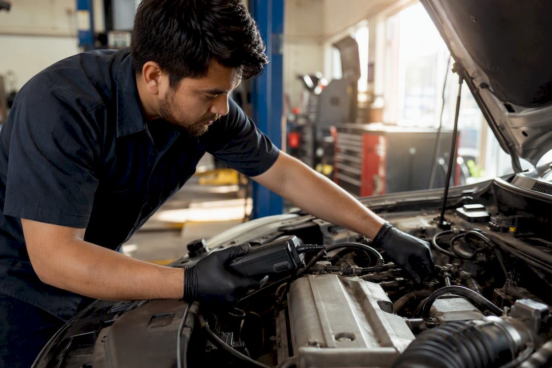 Mechanic connecting diagnostic scanner to engine