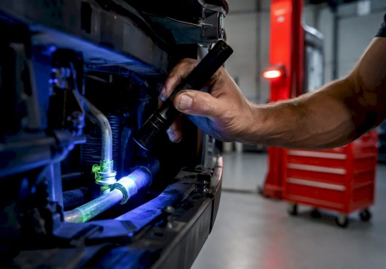 Technician inspecting automotive AC refrigerant hose