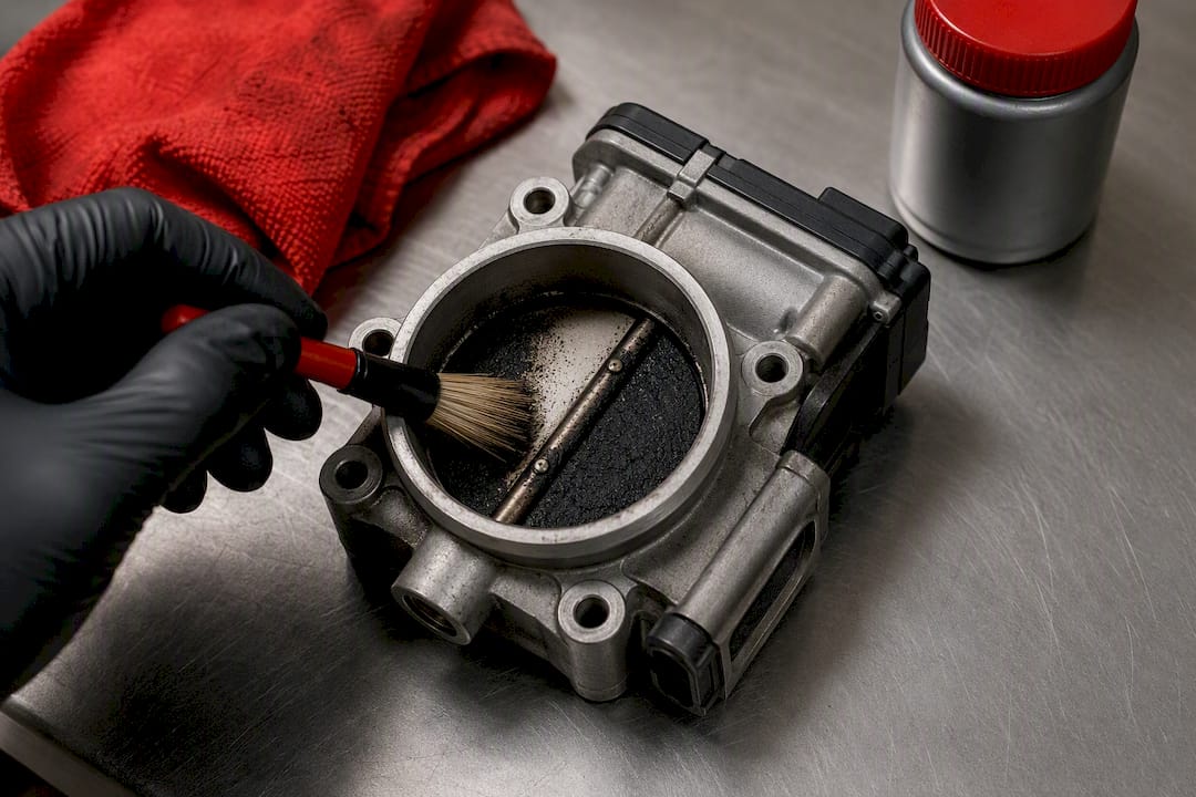 Technician cleaning throttle body deposits
