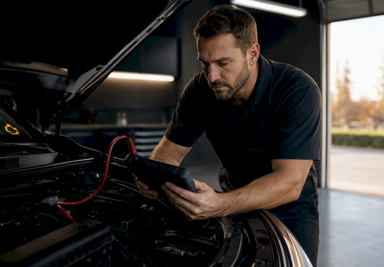 Technician examining vehicle during engine diagnosis