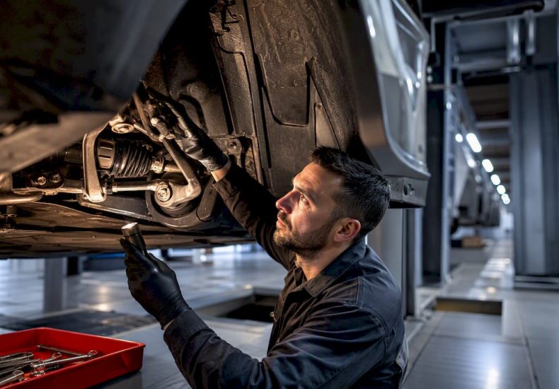 Technician inspecting anonymous fleet vehicle underside