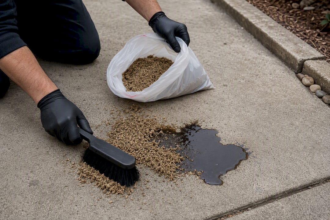 Absorbent material being swept from fluid spill