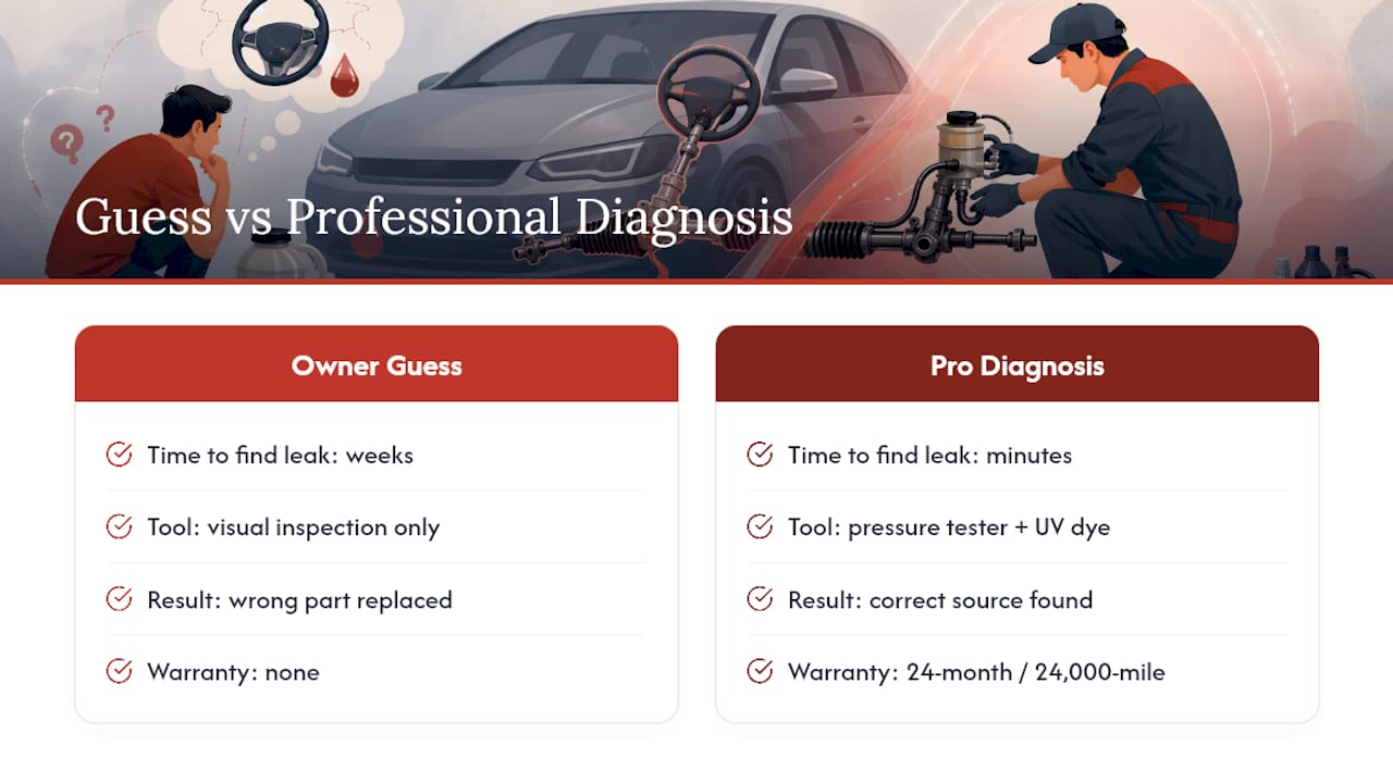 Why We Push for Professional Diagnosis on Steering Leaks — overview diagram
