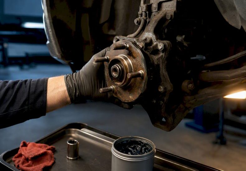 Mechanic inspecting an exposed wheel bearing