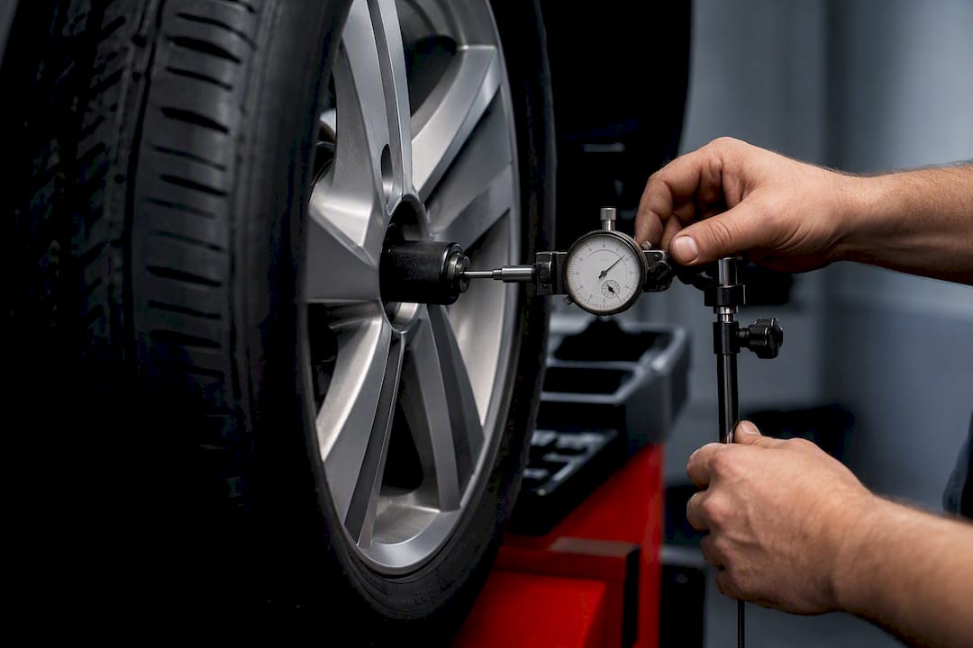 Technician measuring wheel tire runout