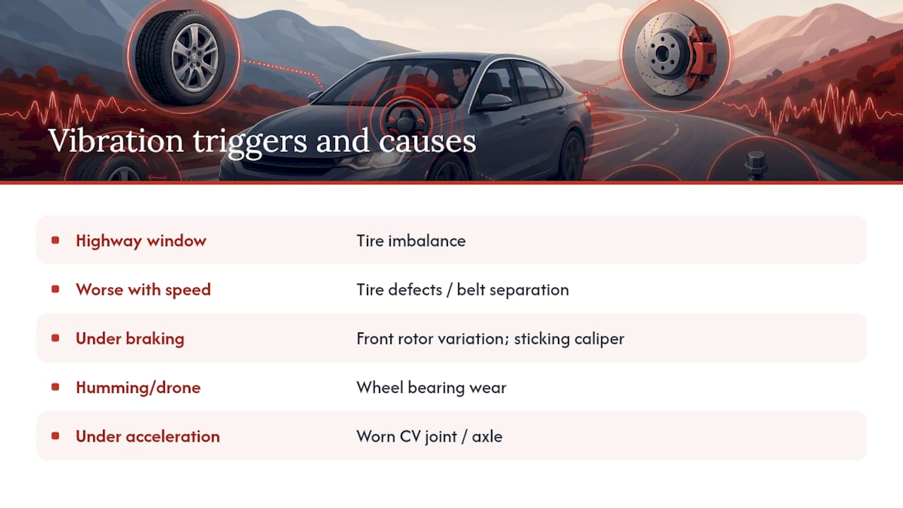 Steering vibration symptoms matched to causes