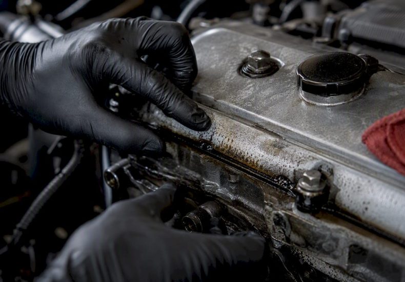 Technician inspecting an oily valve cover seam