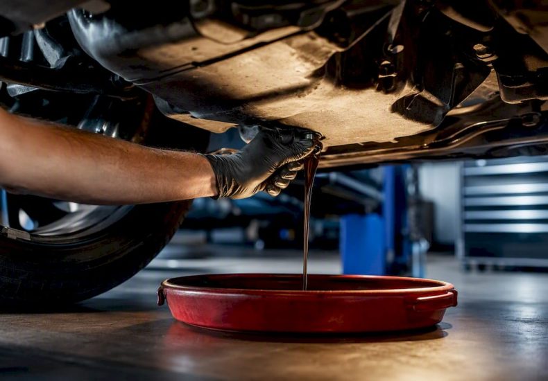 Technician draining engine oil in service bay