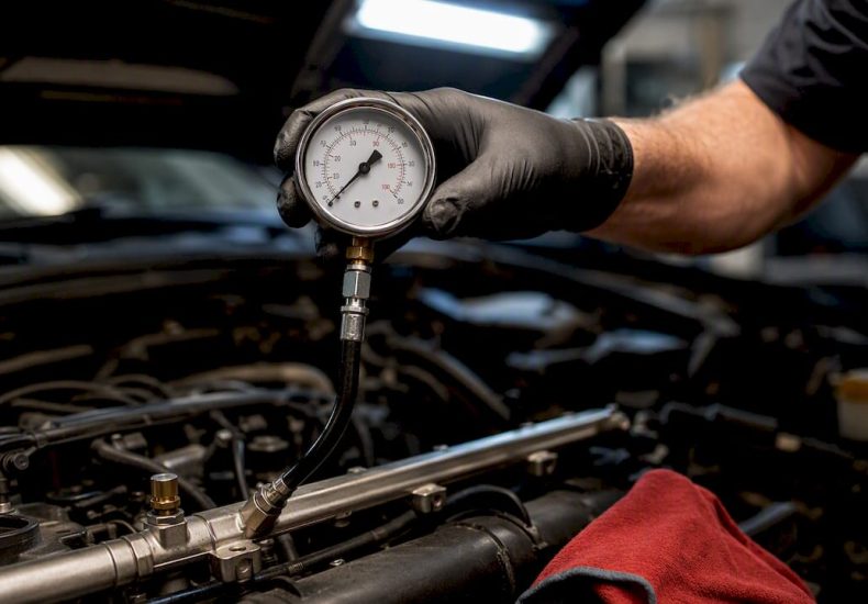 Technician checking fuel pressure gauge