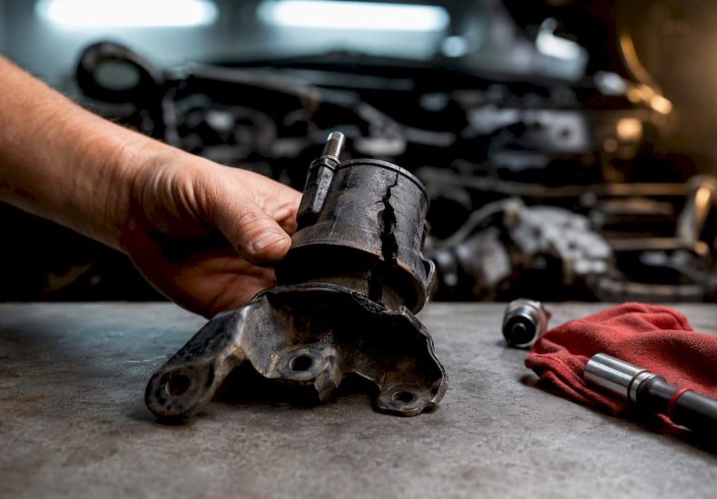 Cracked rubber engine mount under inspection