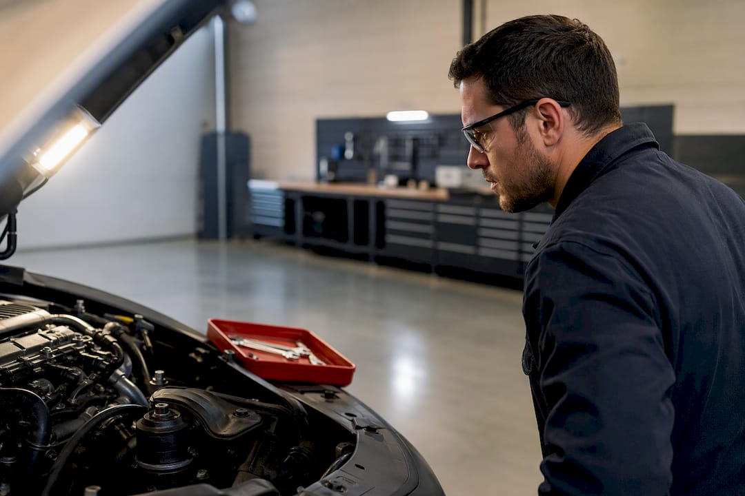 Technician observing brake torque test safely