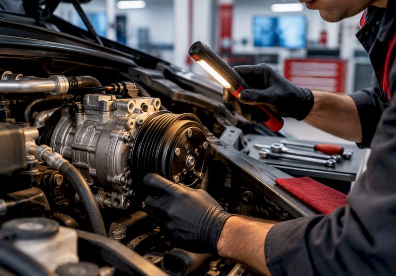 Technician inspecting an AC compressor assembly