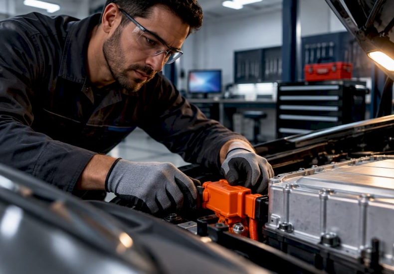 Technician inspecting hybrid battery service equipment