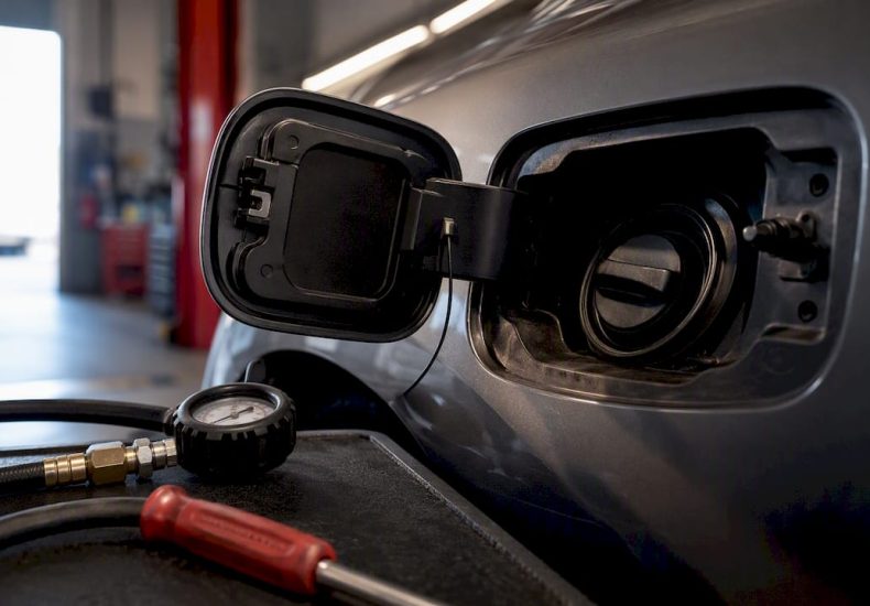 Anonymous vehicle fuel cap in repair bay