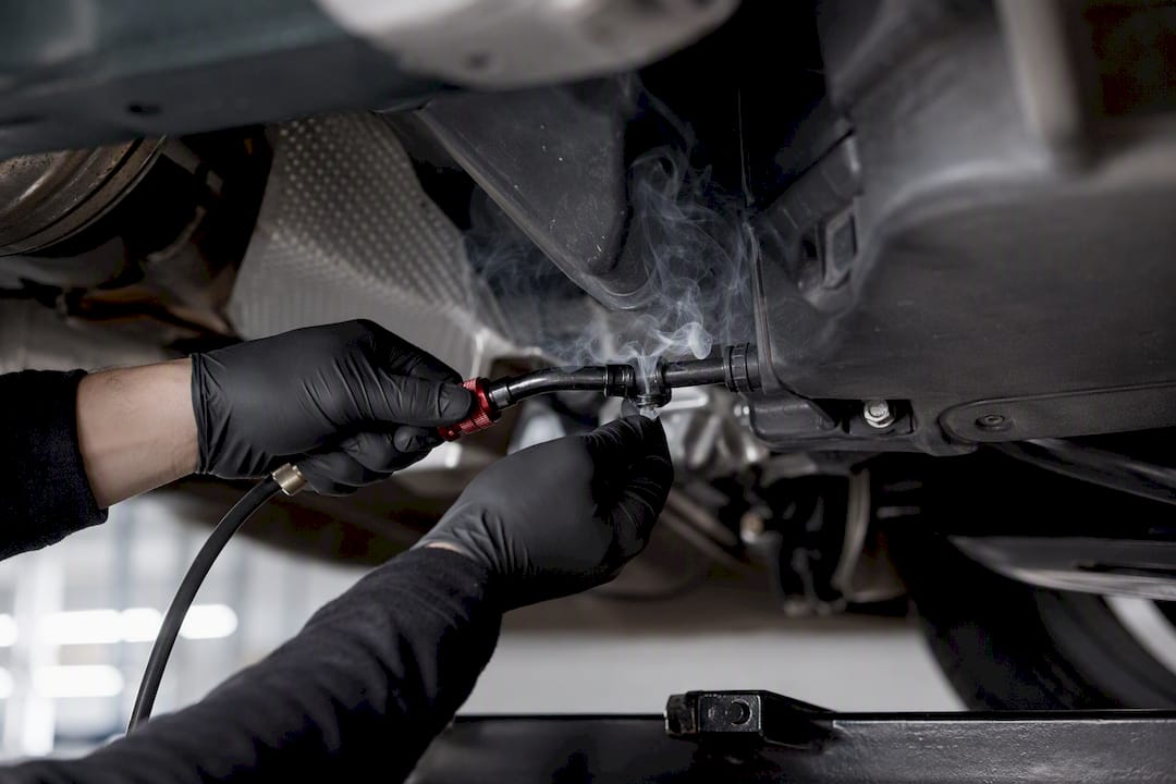 Technician locating EVAP leak with smoke test