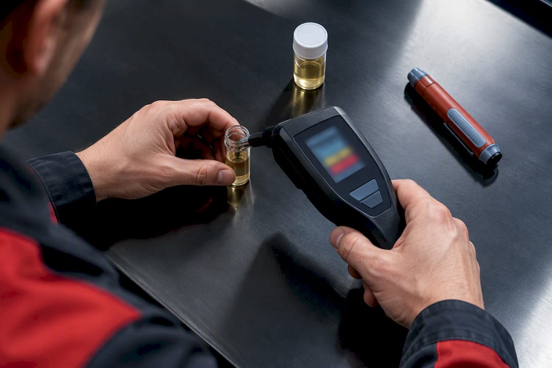 Technician testing brake fluid moisture content