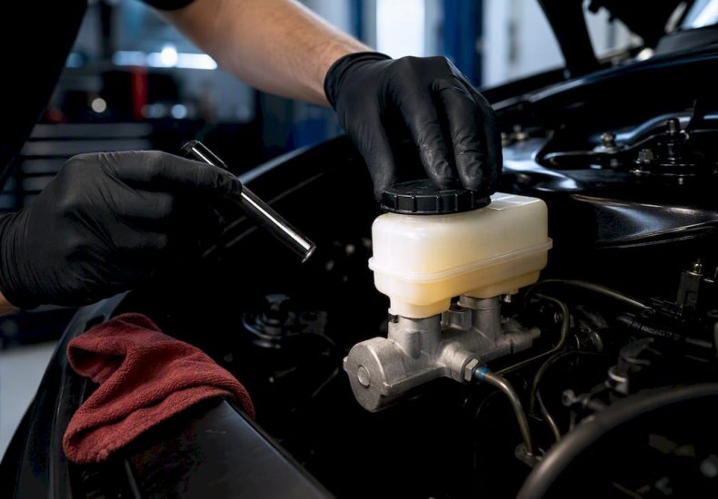 Technician inspecting a vehicle brake fluid reservoir
