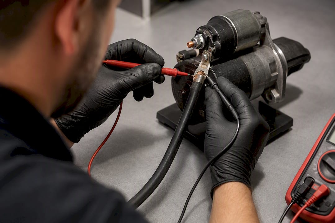 Technician testing starter cable voltage drop
