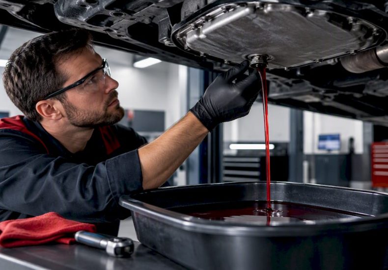Mechanic draining transmission fluid