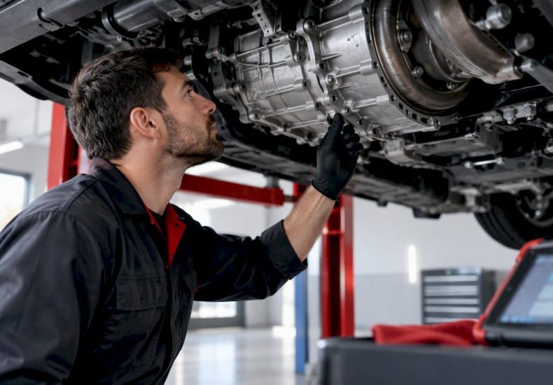 Technician inspecting an anonymous transmission assembly