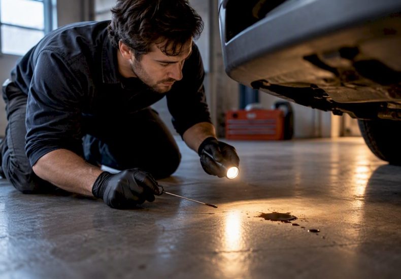 Driver inspecting fresh oil leak