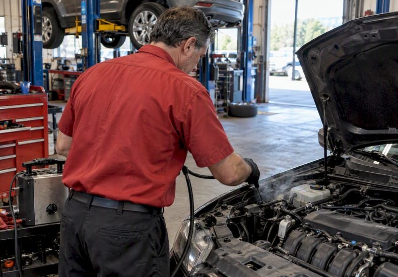 Technician tracing an EVAP smoke leak