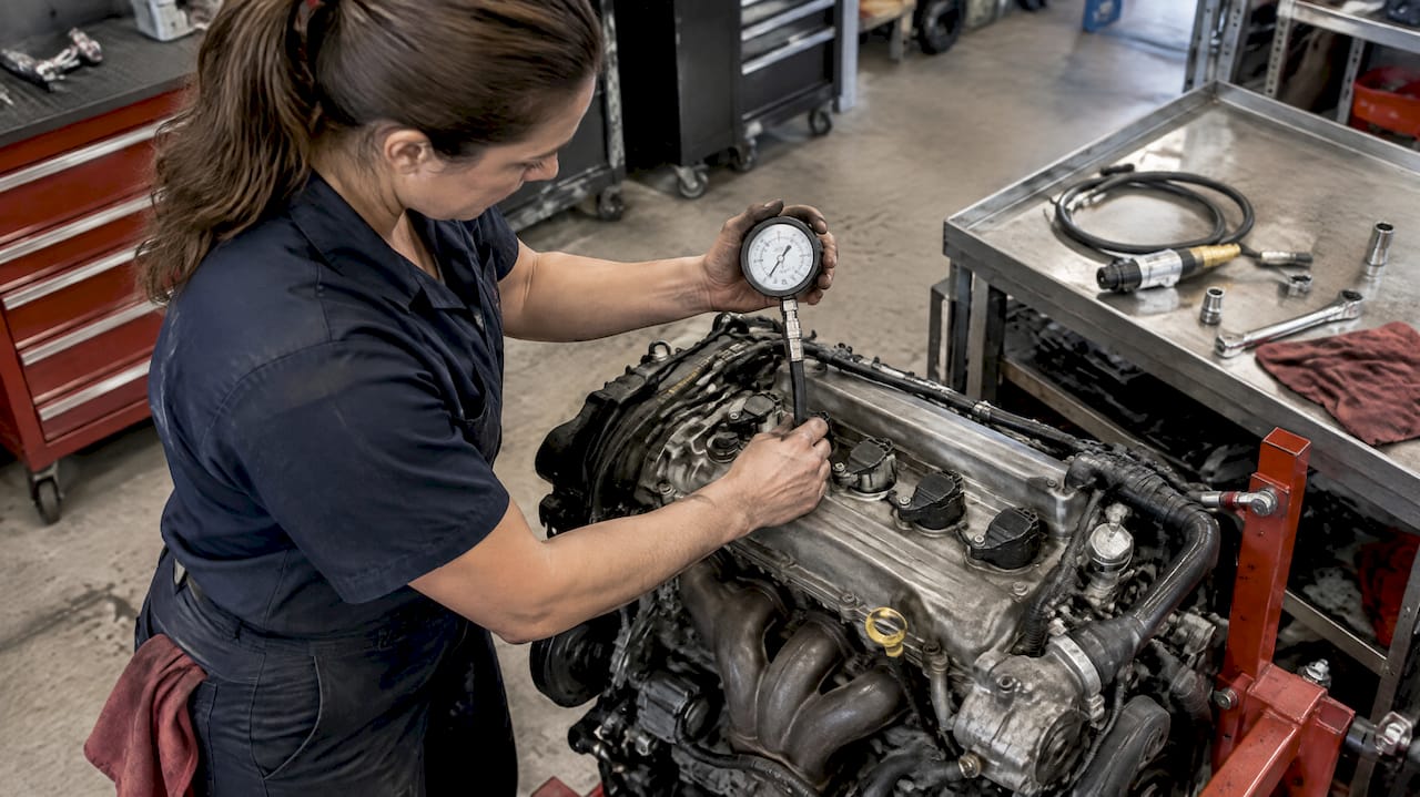 Mechanic performing engine compression test