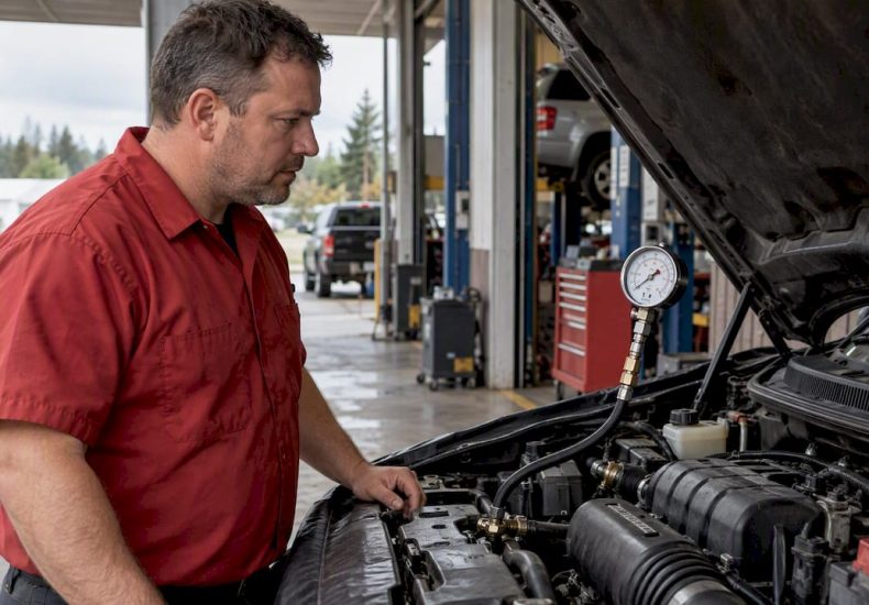 Technician checking fuel pressure during acceleration test
