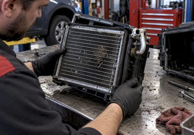 Technician inspecting a damp AC evaporator core
