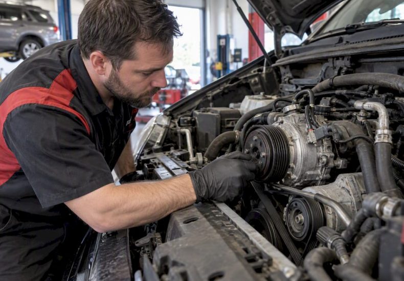 Technician inspecting an AC compressor clutch