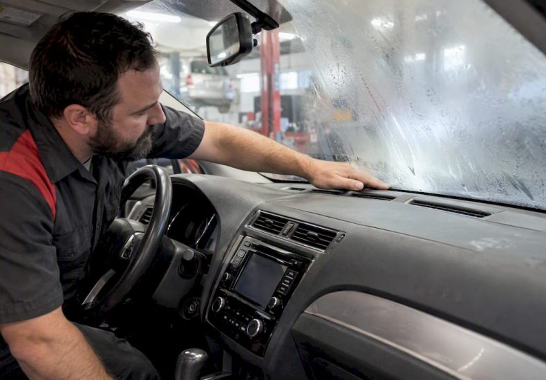 Technician checks fogged windshield defroster
