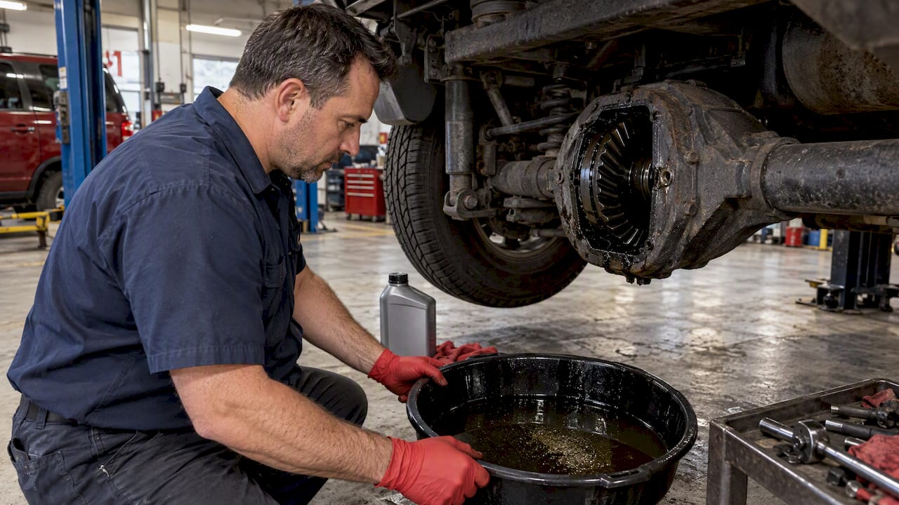 Technician examining drained differential gear oil