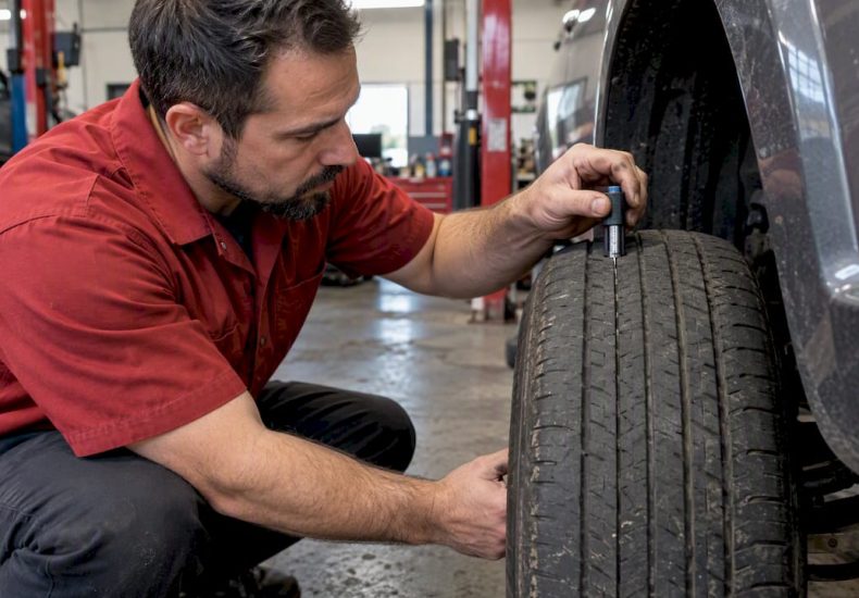 Technician measuring worn tire tread depth