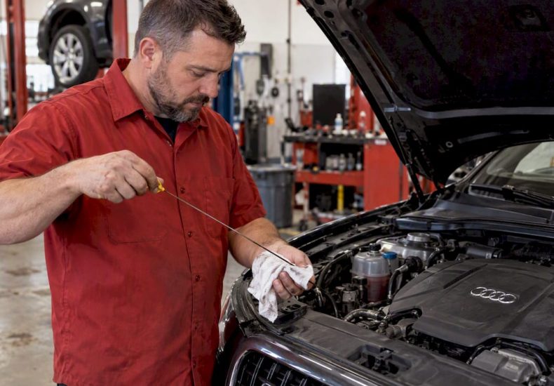 Technician checking oil level in an Audi