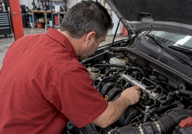 Mechanic inspecting a car’s fuel rail