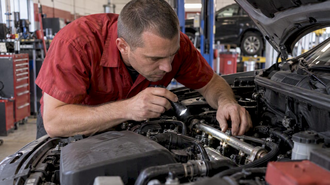 Mechanic checking a damp fuel rail