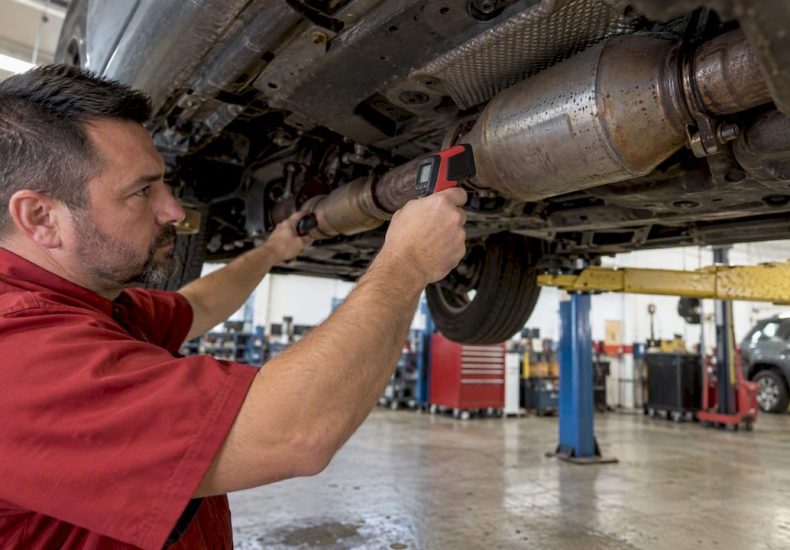 Mechanic checking a catalytic converter temperature