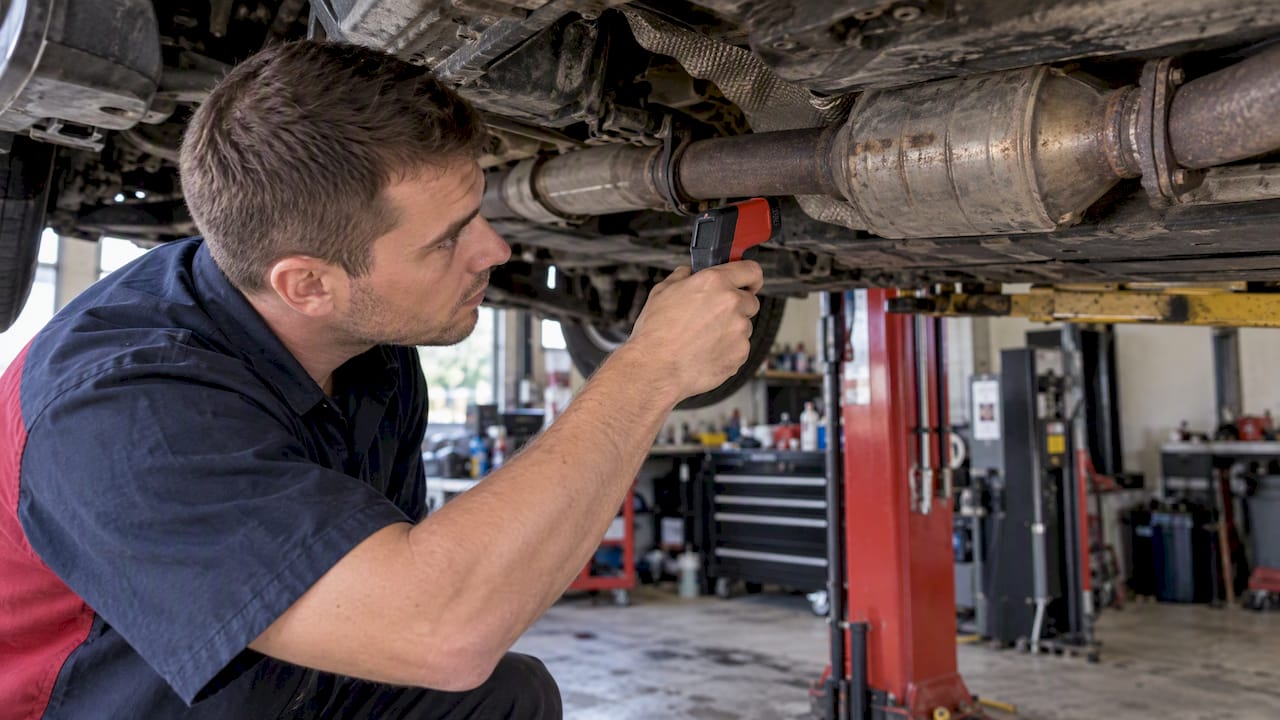 Technician measuring catalytic converter temperature