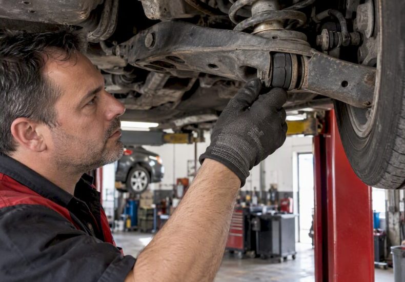 Mechanic checking a cracked suspension bushing