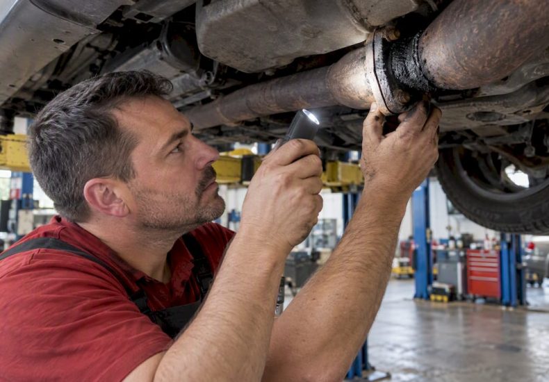Mechanic inspecting a soot-darkened exhaust flange