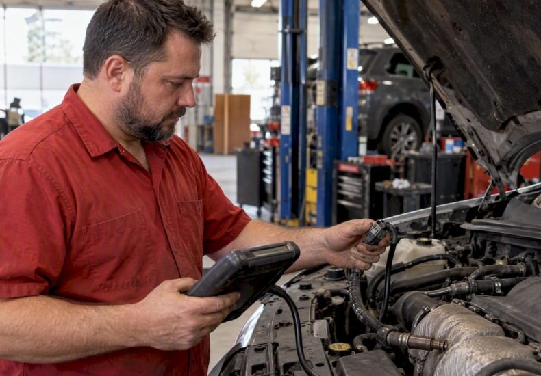 Technician checking oxygen sensor wiring with scan tool